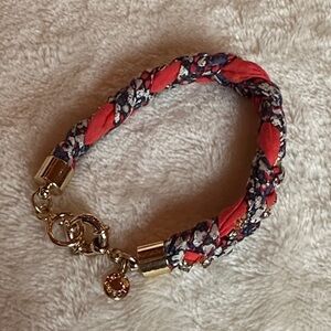 J. Crew Braided Coral, Navy, and Crystal Bracelet with Gold Accents